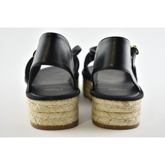 Fendi Black Leather Logo Slide Flat Ankle Strap Platform Espadrille Sandal 36.5 - Picture 10 of 11